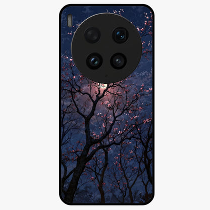 Twilight Sakura Serenade Glass Case showing flat back view with cherry blossom artwork at twilight and glossy glass finish.