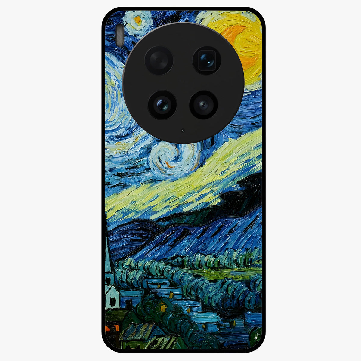 Van Gogh Art Glass Case showing flat back view with classic painterly artwork inspired by Van Gogh style and glossy glass finish.