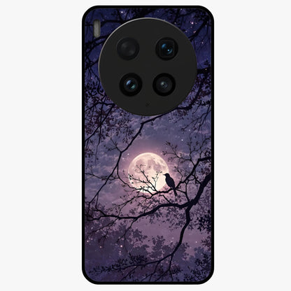 Whispering Moon Silence Glass Case showing flat back view with serene moon themed artwork and glossy glass finish.