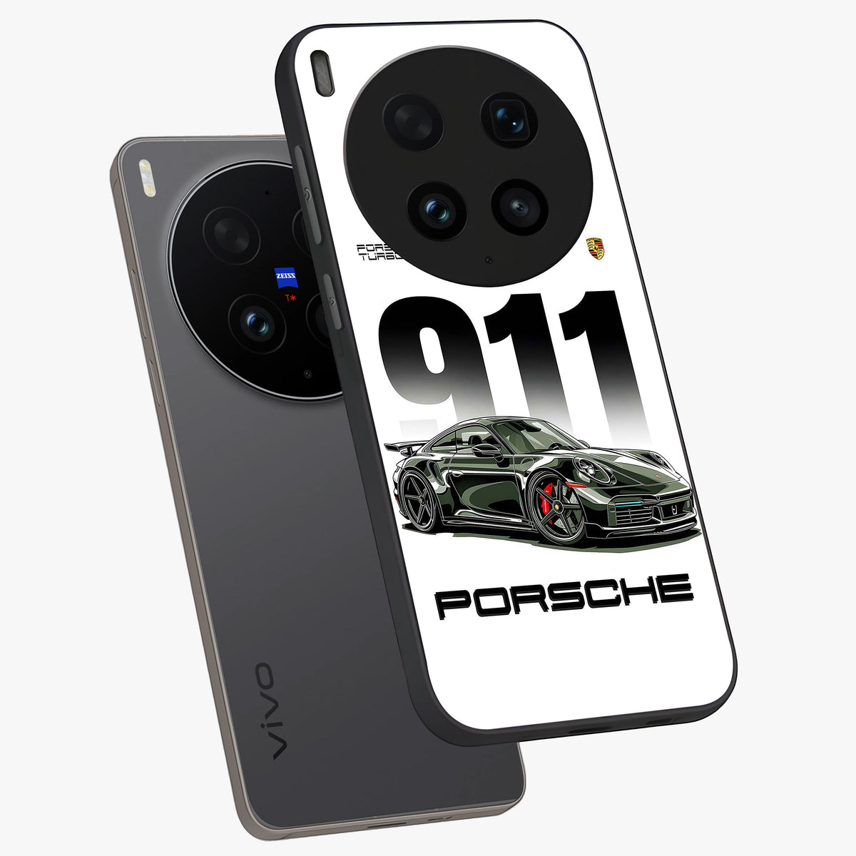 911 Turbo Dominance Glass Case displayed in premium angled mockup highlighting sporty car illustration and sleek glass surface.