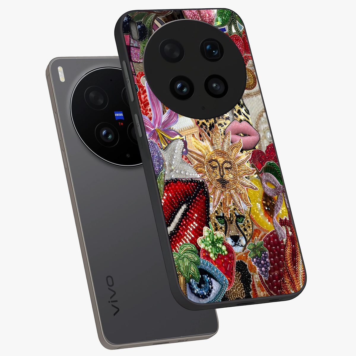 Beaded Fashion Jungle Glass Case displayed in angled mockup highlighting colorful fashion bead design and artistic pattern.