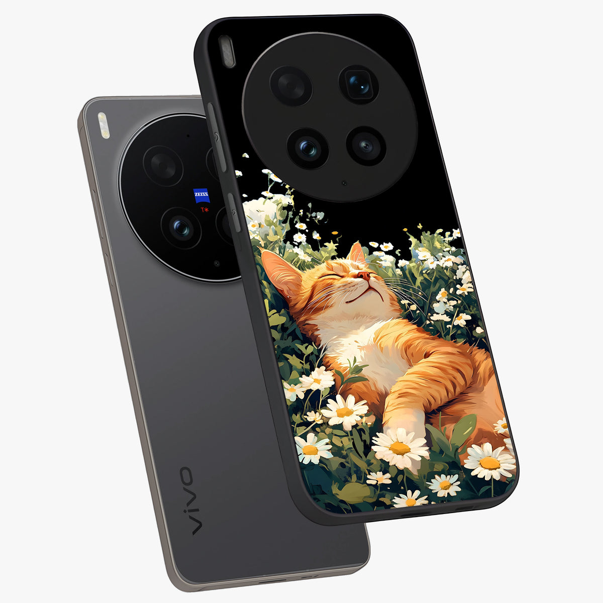 Blissful Bloom Cat Glass Case displayed in angled mockup highlighting playful feline illustration with soft floral aesthetic.
