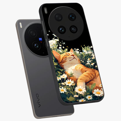 Blissful Bloom Cat Glass Case displayed in angled mockup highlighting playful feline illustration with soft floral aesthetic.