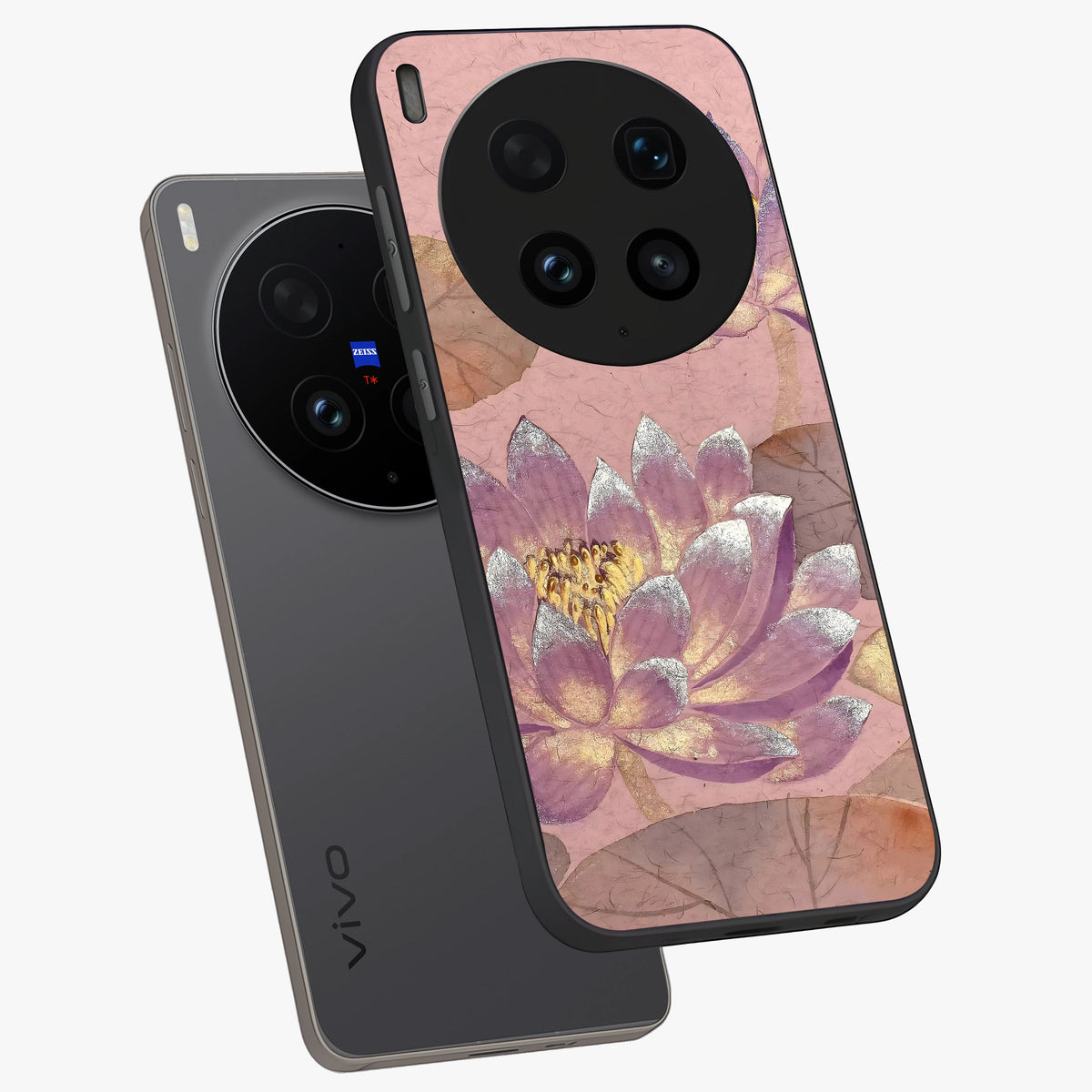 Blossom Mist Lotus Glass Case displayed in angled mockup highlighting delicate lotus illustration with calm aesthetic theme.