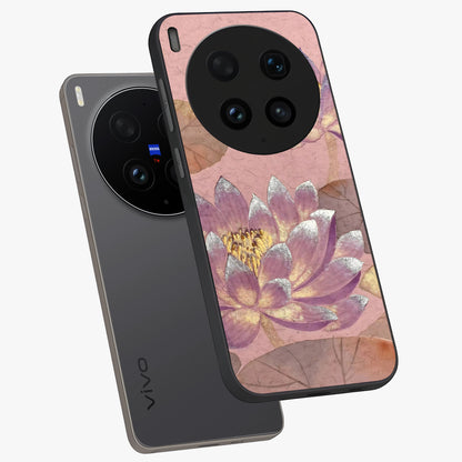 Blossom Mist Lotus Glass Case displayed in angled mockup highlighting delicate lotus illustration with calm aesthetic theme.