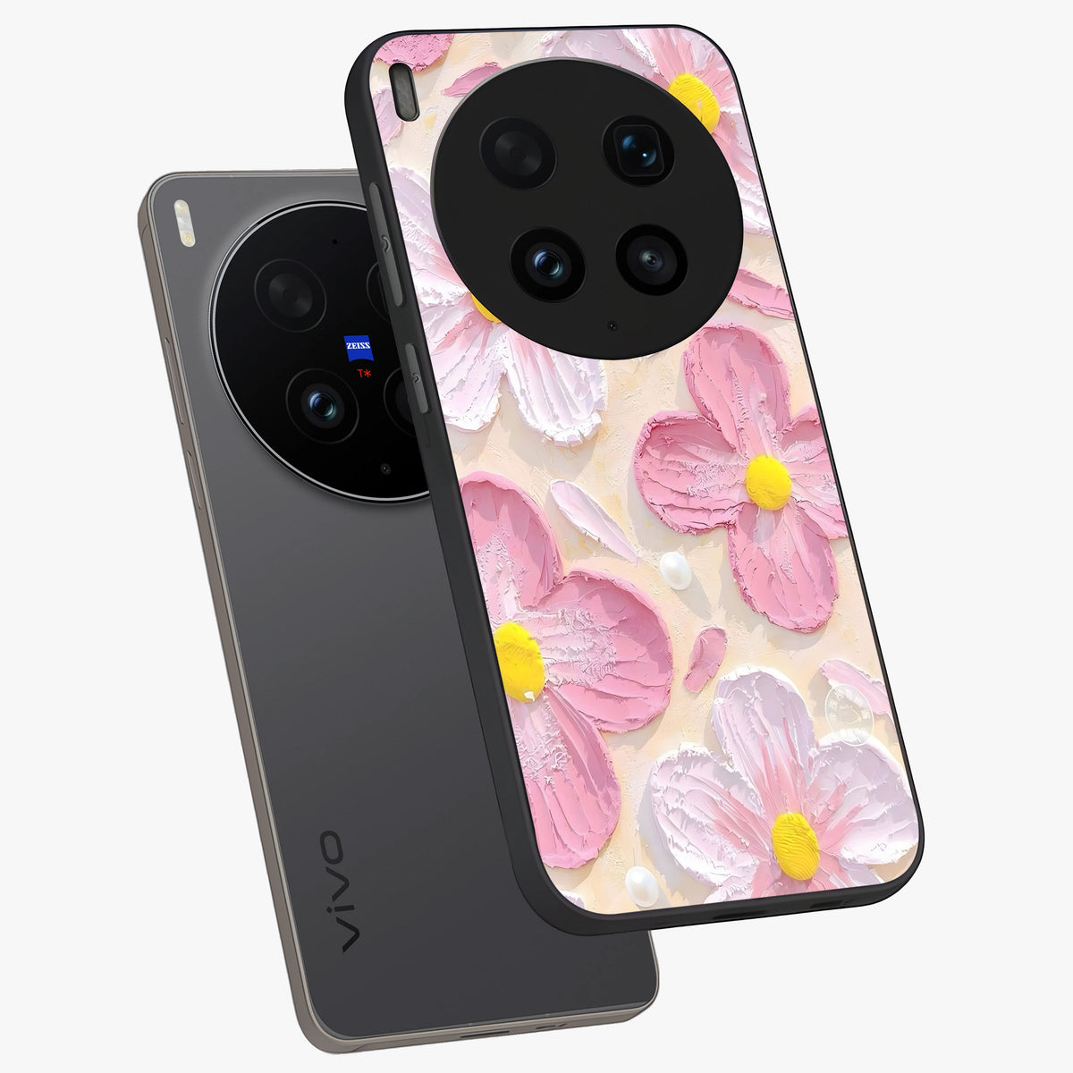 Blush Bloom Texture Glass Case displayed in angled mockup highlighting subtle bloom pattern with aesthetic pastel design.