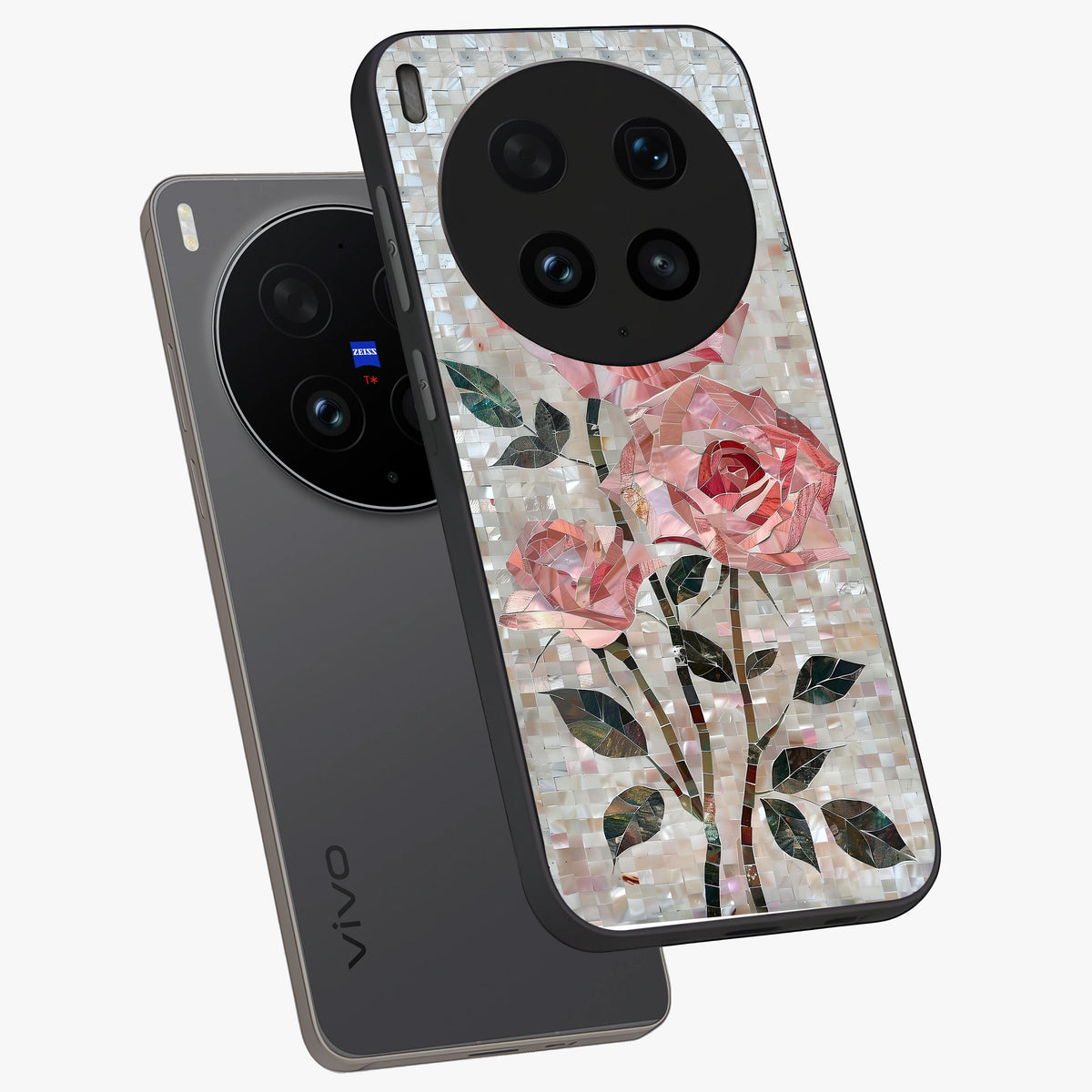 Blush Mosaic Bloom Glass Case displayed in angled mockup highlighting artistic mosaic flower pattern with aesthetic design.