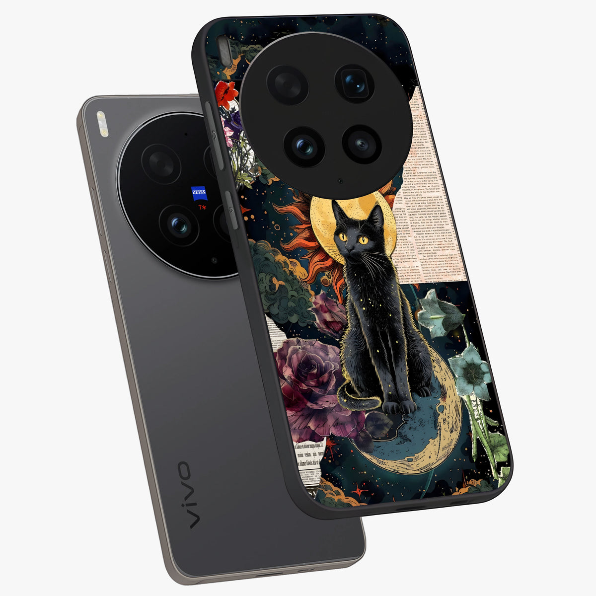 Celestial Black Cat Glass Case displayed in angled mockup highlighting cosmic black cat design with celestial aesthetic.