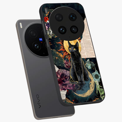 Celestial Black Cat Glass Case displayed in angled mockup highlighting cosmic black cat design with celestial aesthetic.