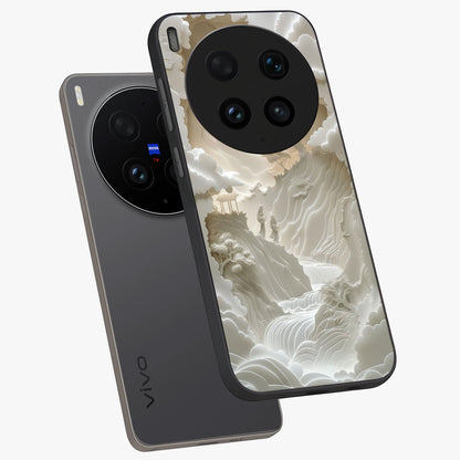 Celestial Origami Glass Case displayed in angled mockup highlighting geometric origami design with cosmic aesthetic theme.