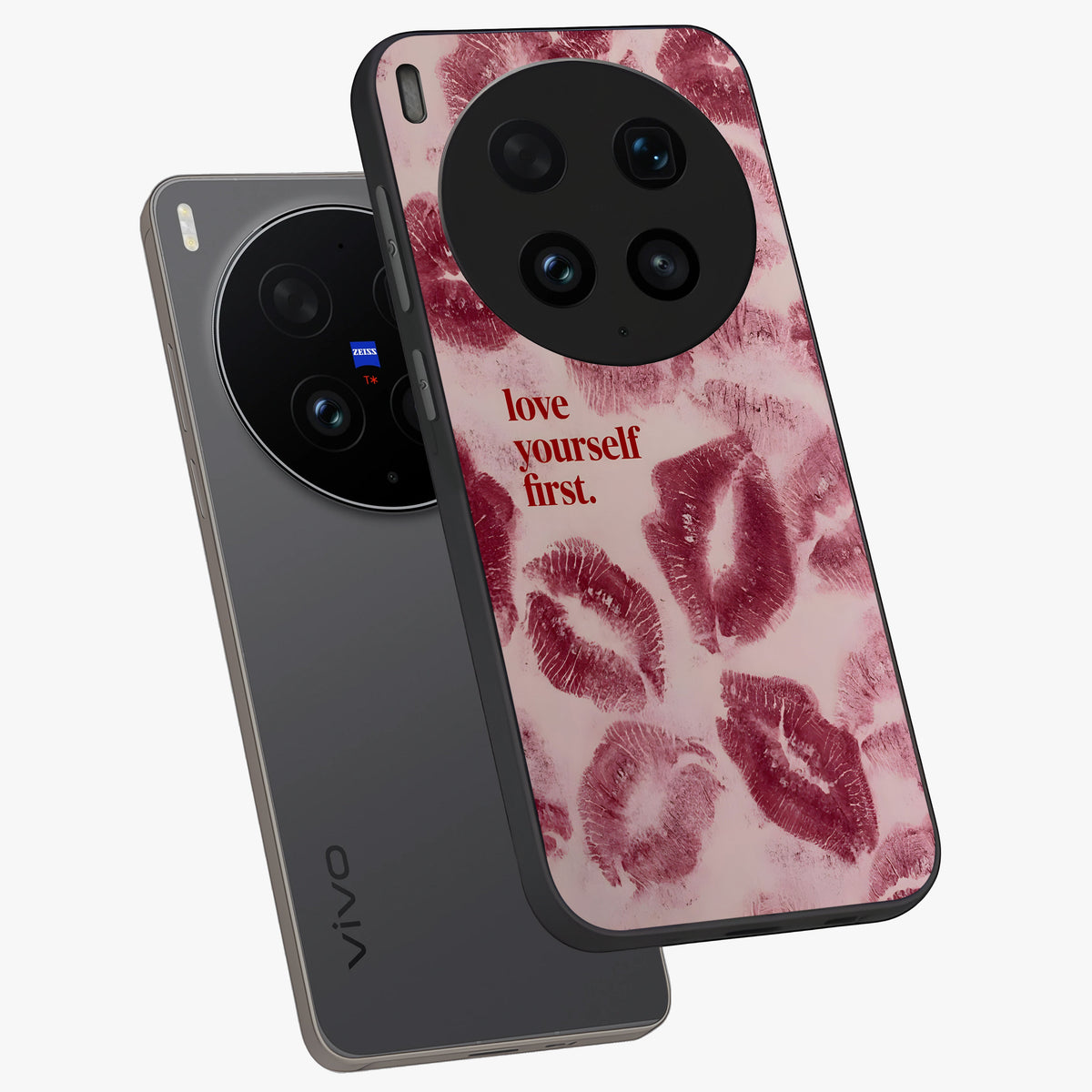 Crimson Kiss Love Glass Case displayed in angled mockup highlighting bold love inspired design with modern aesthetic style.