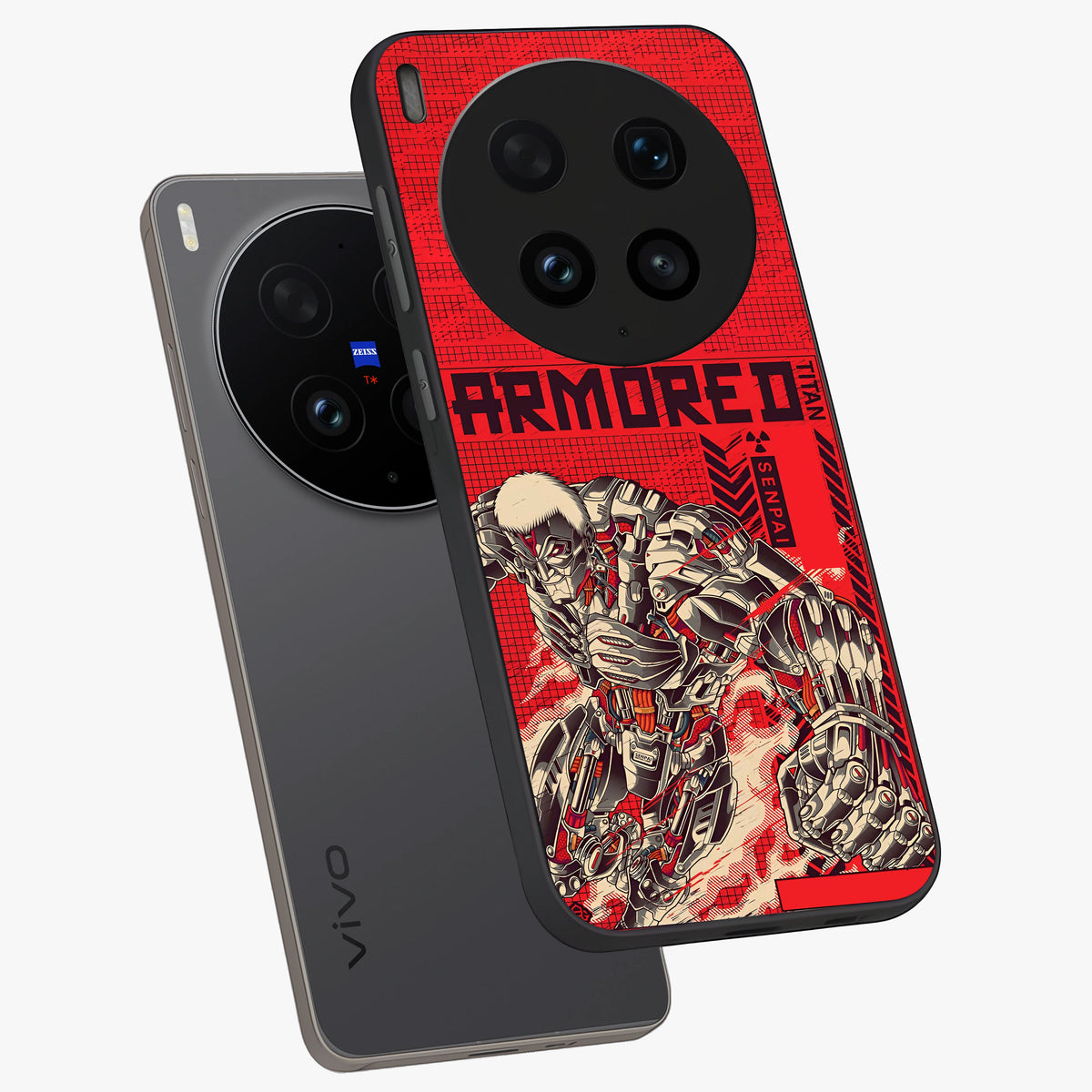 Crimson Mecha Titan Glass Case displayed in angled mockup highlighting futuristic mech illustration with bold crimson aesthetic.