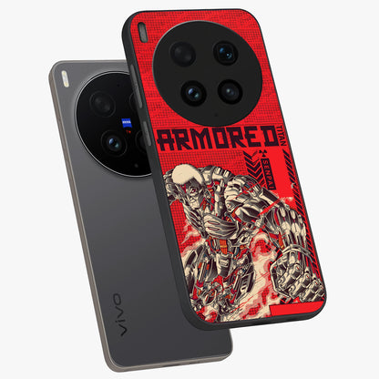 Crimson Mecha Titan Glass Case displayed in angled mockup highlighting futuristic mech illustration with bold crimson aesthetic.