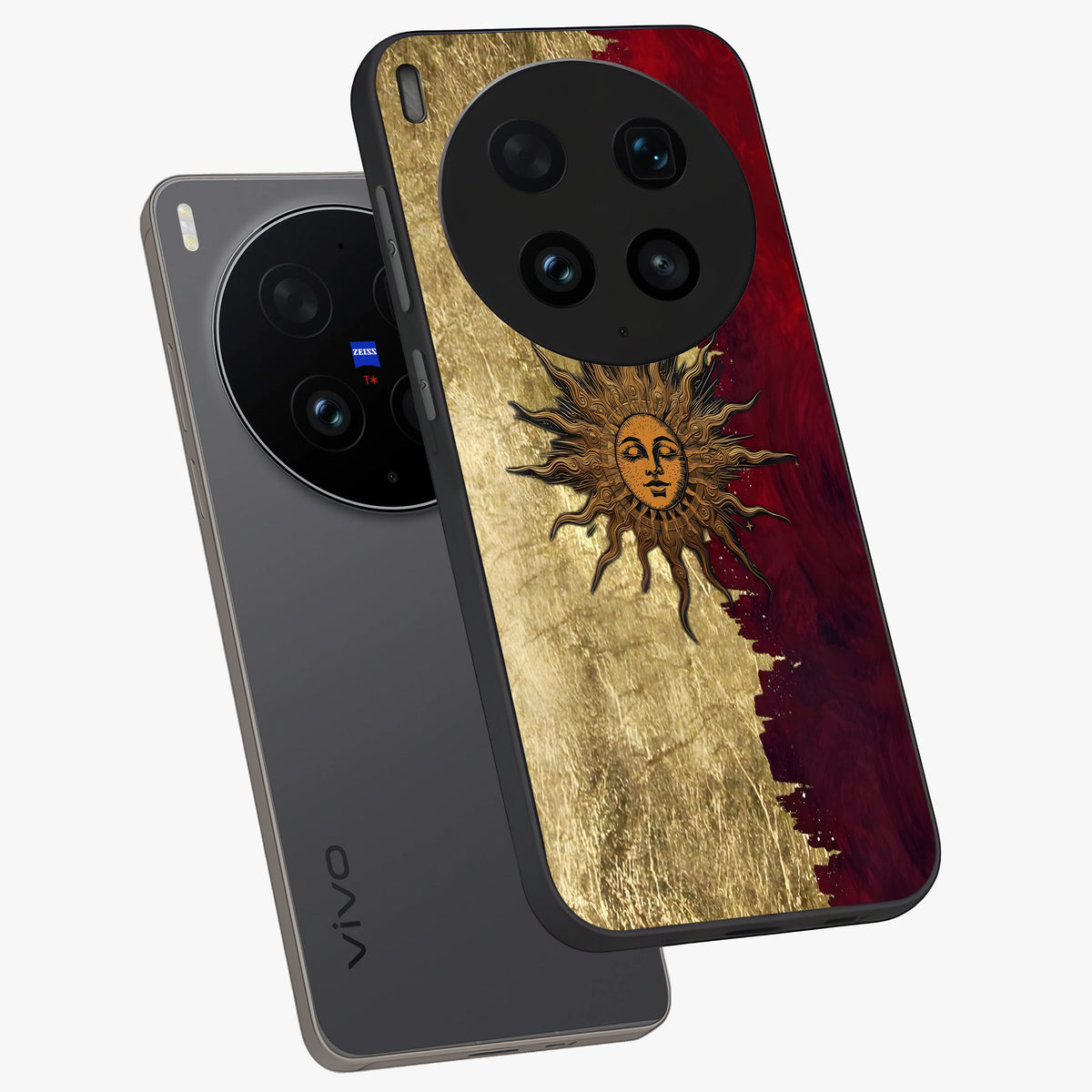 Crimson Sun Majesty Glass Case displayed in angled mockup highlighting majestic crimson sun design with bold aesthetic style.