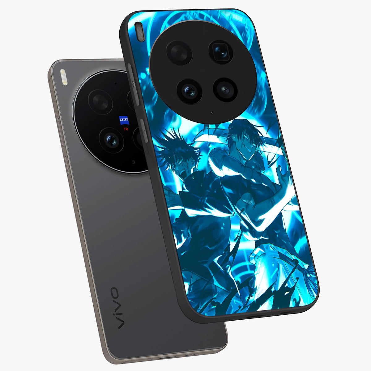 Cursed Energy Clash Glass Case displayed in angled mockup highlighting powerful battle inspired graphic with anime style aesthetic.