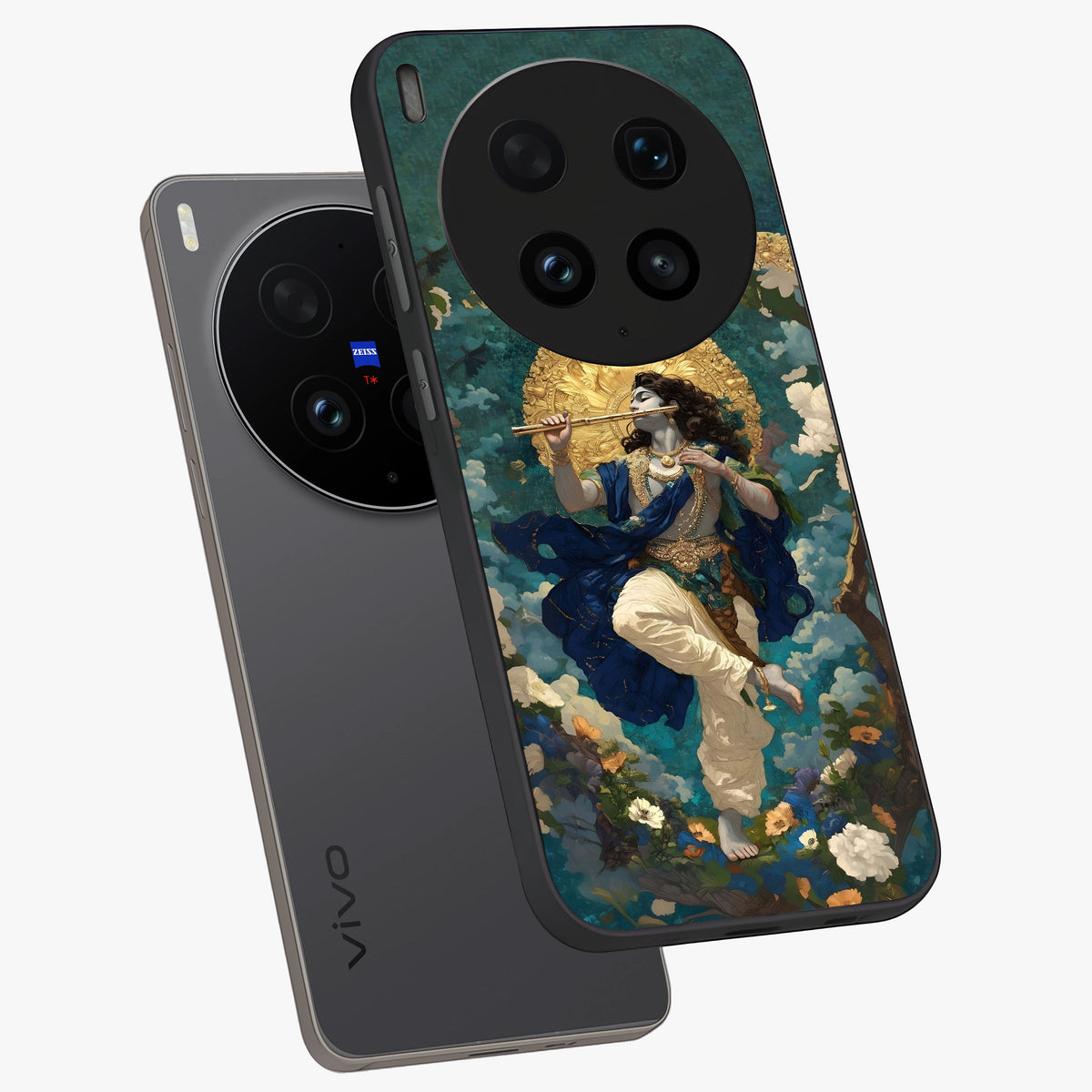 Divine Krishna Art Glass Case displayed in angled mockup highlighting spiritual Krishna illustration with devotional aesthetic.