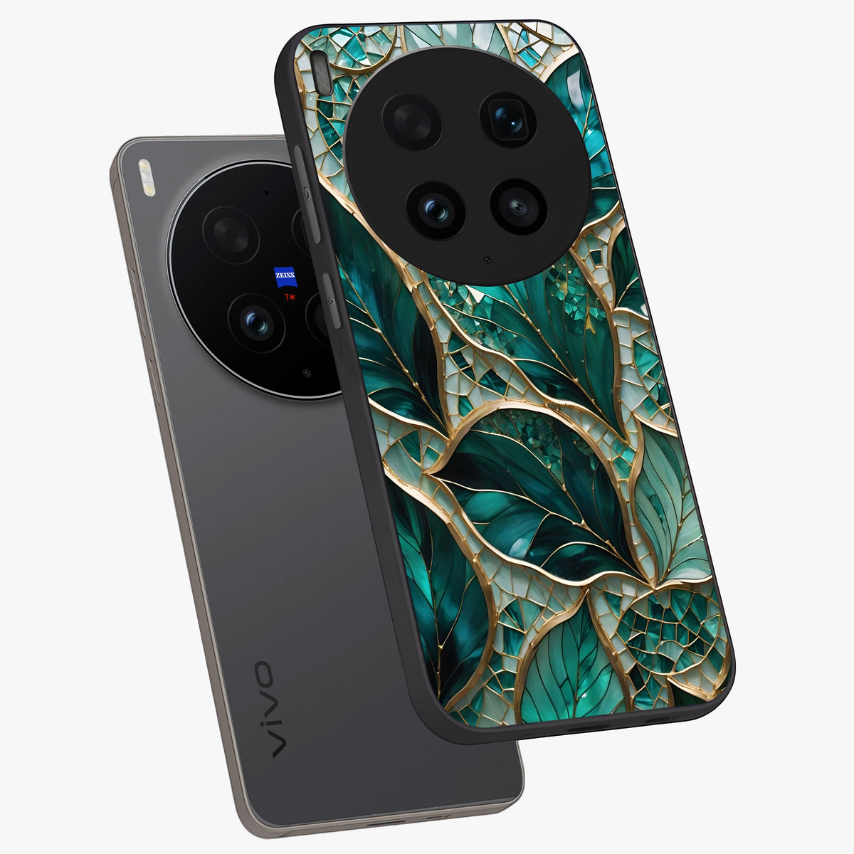 Emerald Leaf Glass Glass Case displayed in angled mockup highlighting botanical leaf illustration with elegant natural aesthetic.