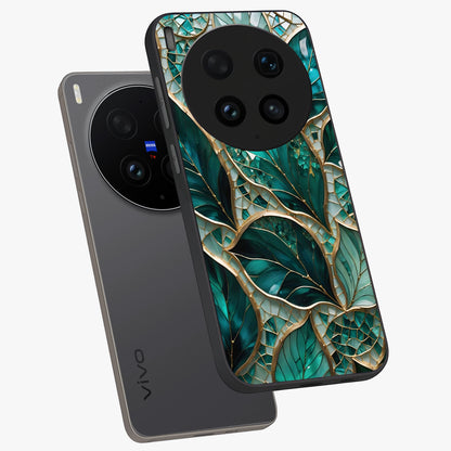 Emerald Leaf Glass Glass Case displayed in angled mockup highlighting botanical leaf illustration with elegant natural aesthetic.