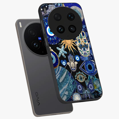 Evil Eye Charm Mix Glass Case displayed in angled mockup highlighting protective evil eye symbols with spiritual aesthetic design.