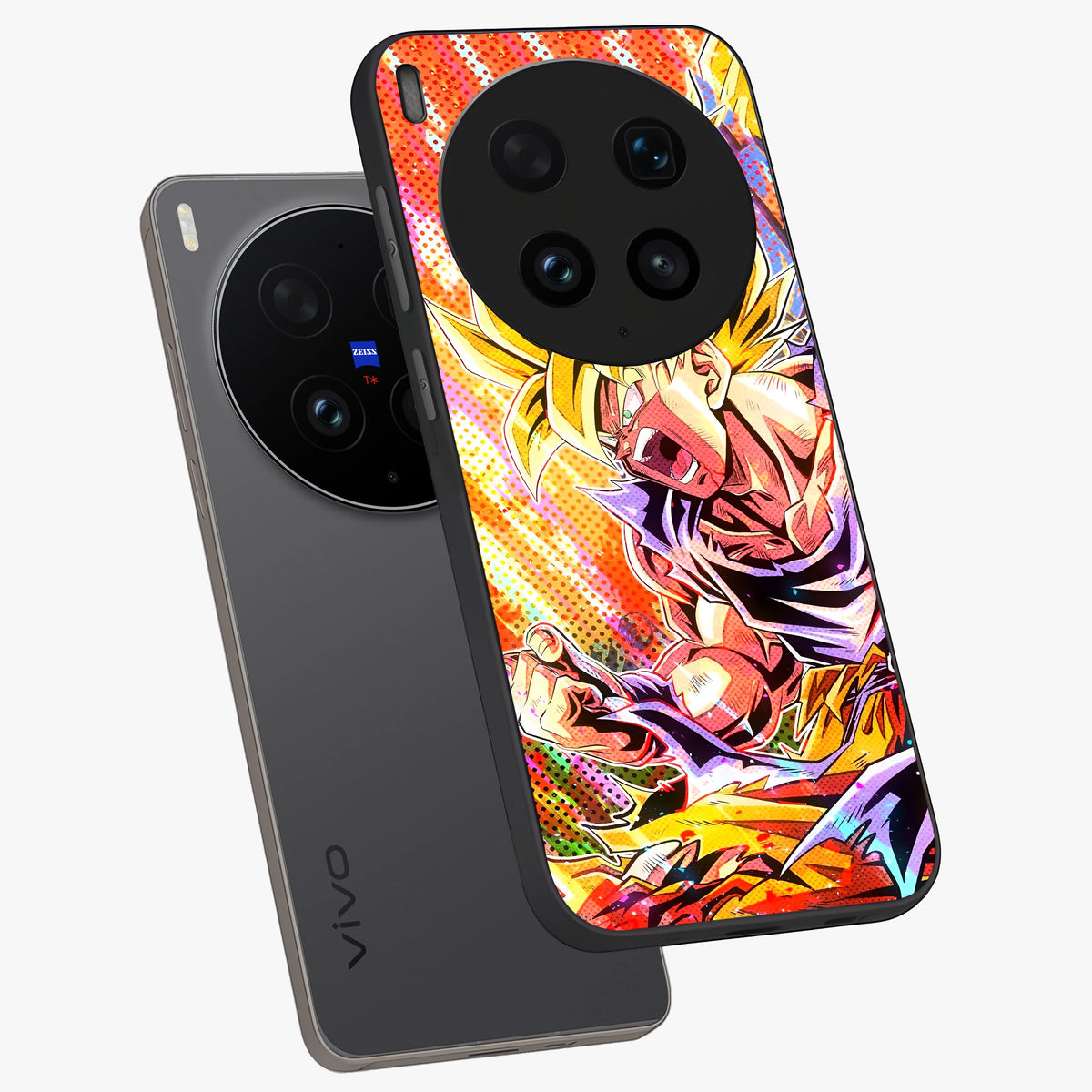 Firing Goku Glass Case displayed in angled mockup highlighting dynamic anime character design with action aesthetic.