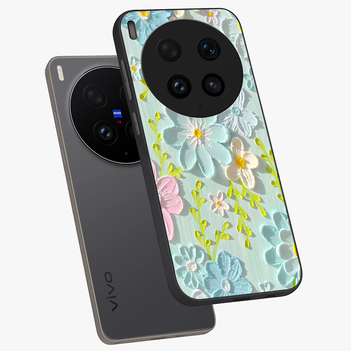 Frosted Petal Garden Glass Case displayed in angled mockup highlighting delicate flower petal design with calm garden aesthetic.