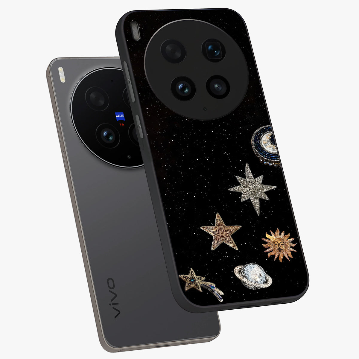 Galactic Charm Glow Glass Case displayed in angled mockup highlighting luminous galaxy inspired design with dreamy aesthetic.