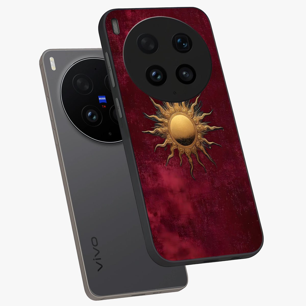Golden Sun Minimalism Glass Case displayed in angled mockup highlighting clean sun symbol design with modern minimal aesthetic.