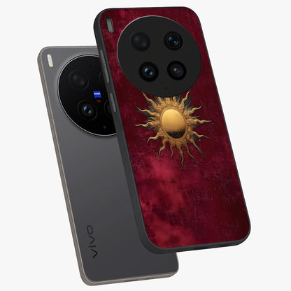 Golden Sun Minimalism Glass Case displayed in angled mockup highlighting clean sun symbol design with modern minimal aesthetic.