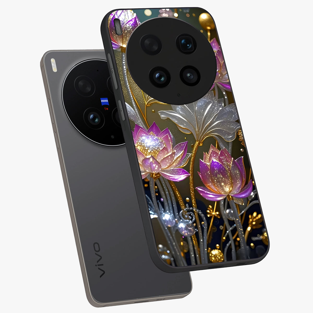 Golden Floral Majesty Glass Case displayed in angled mockup highlighting elegant flower design with royal golden aesthetic.