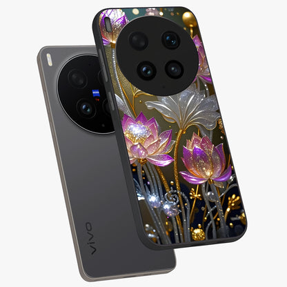 Golden Floral Majesty Glass Case displayed in angled mockup highlighting elegant flower design with royal golden aesthetic.