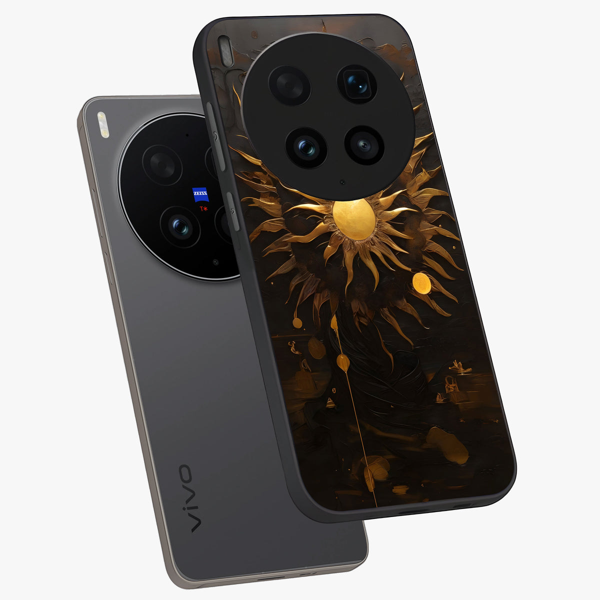 Golden Sun Majesty Glass Case displayed in angled mockup highlighting eerie shadow illustration with gothic aesthetic.