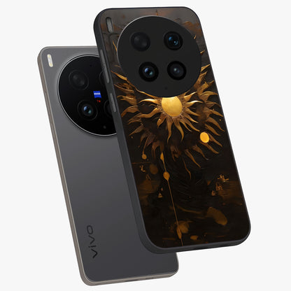 Golden Sun Majesty Glass Case displayed in angled mockup highlighting eerie shadow illustration with gothic aesthetic.