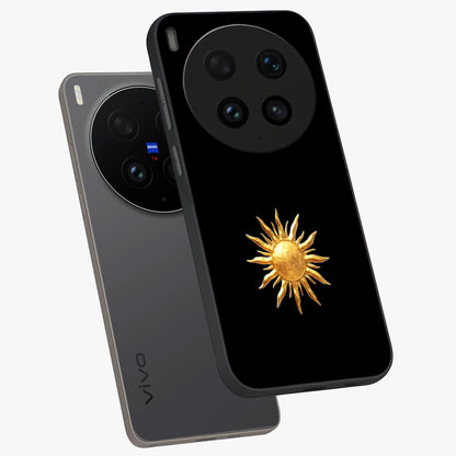 Golden Sun Minimalism Glass Case displayed in angled mockup highlighting eerie shadow illustration with gothic aesthetic.