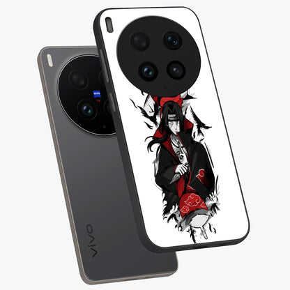 Itachi Limited Edition Naruto Anime Glass Case displayed in angled mockup highlighting dramatic anime illustration with bold action aesthetic.