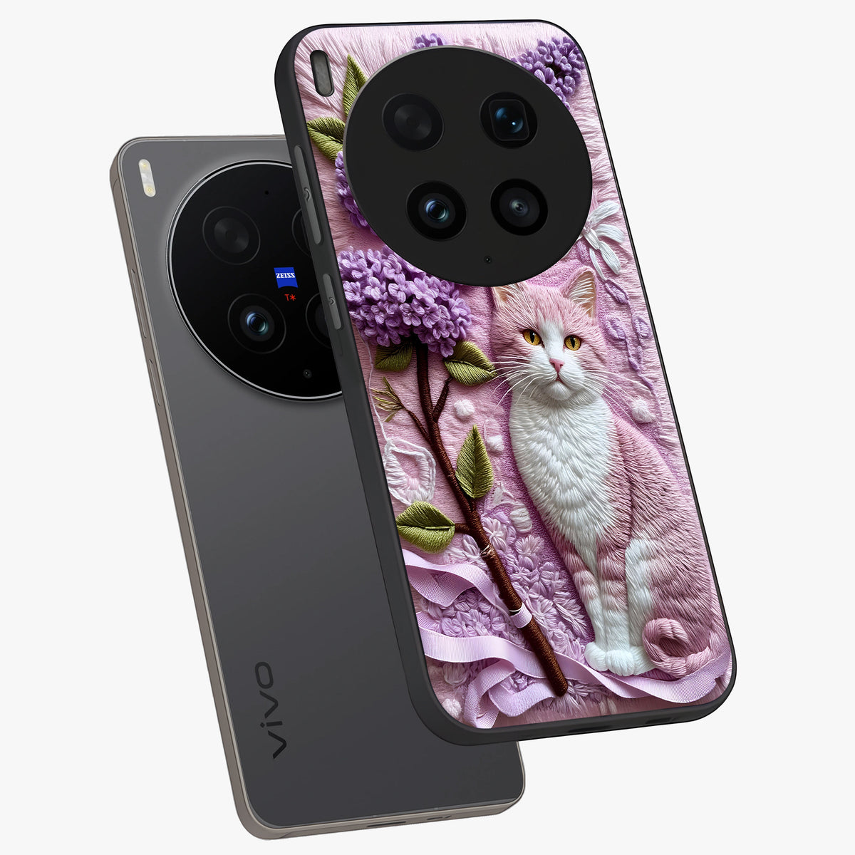 Lavender Cat Whimsy Glass Case displayed in angled mockup highlighting playful feline illustration with pastel lavender aesthetic.