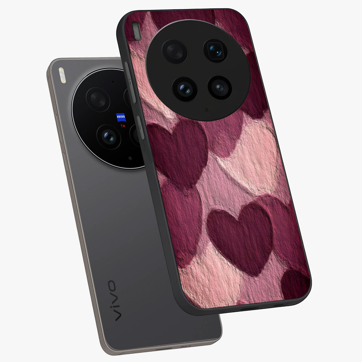 Layered Paper Hearts Glass Case displayed in angled mockup highlighting creative paper craft heart design with romantic aesthetic.