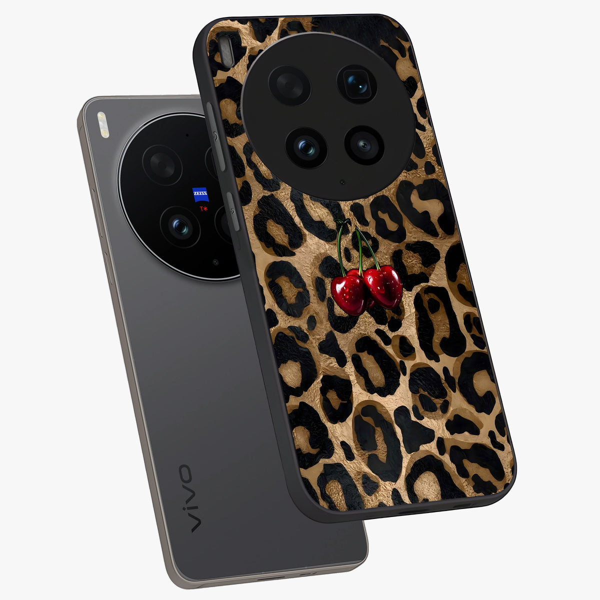 Leopard Wild Cherry Glass Case displayed in angled mockup highlighting bold animal print design with playful cherry aesthetic.
