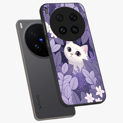 Lilac Hide Peek Cat Glass Case displayed in angled mockup highlighting playful feline illustration with lilac aesthetic design.