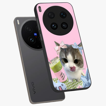 Love Matcha Cat Glass Case displayed in angled mockup highlighting playful feline illustration with cozy matcha aesthetic.