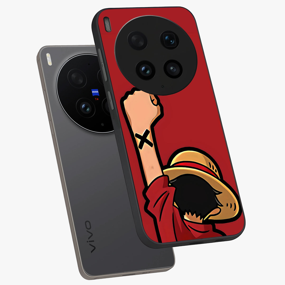 Luffy X Spirit Glass Case displayed in angled mockup highlighting powerful anime design with energetic action aesthetic.