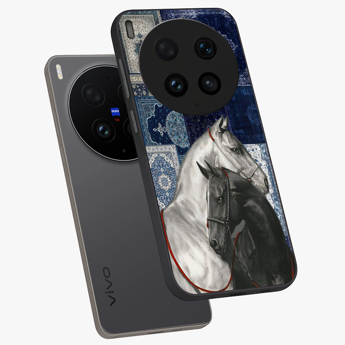 Midnight Stallion Blues Glass Case displayed in angled mockup highlighting powerful stallion illustration with deep midnight tones.