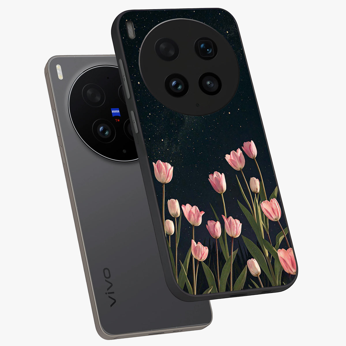 Midnight Tulip Whispers Vibe Glass Case displayed in angled mockup highlighting delicate tulip design with midnight floral aesthetic.