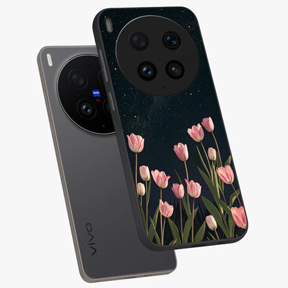 Midnight Tulip Whispers Vibe Glass Case displayed in angled mockup highlighting delicate tulip design with midnight floral aesthetic.