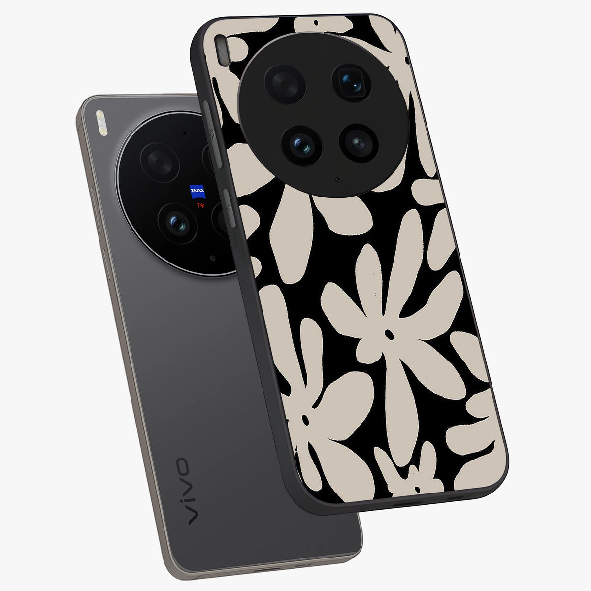 Monochrome Petal Dance Glass Case displayed in angled mockup highlighting elegant petal design with black and white aesthetic.