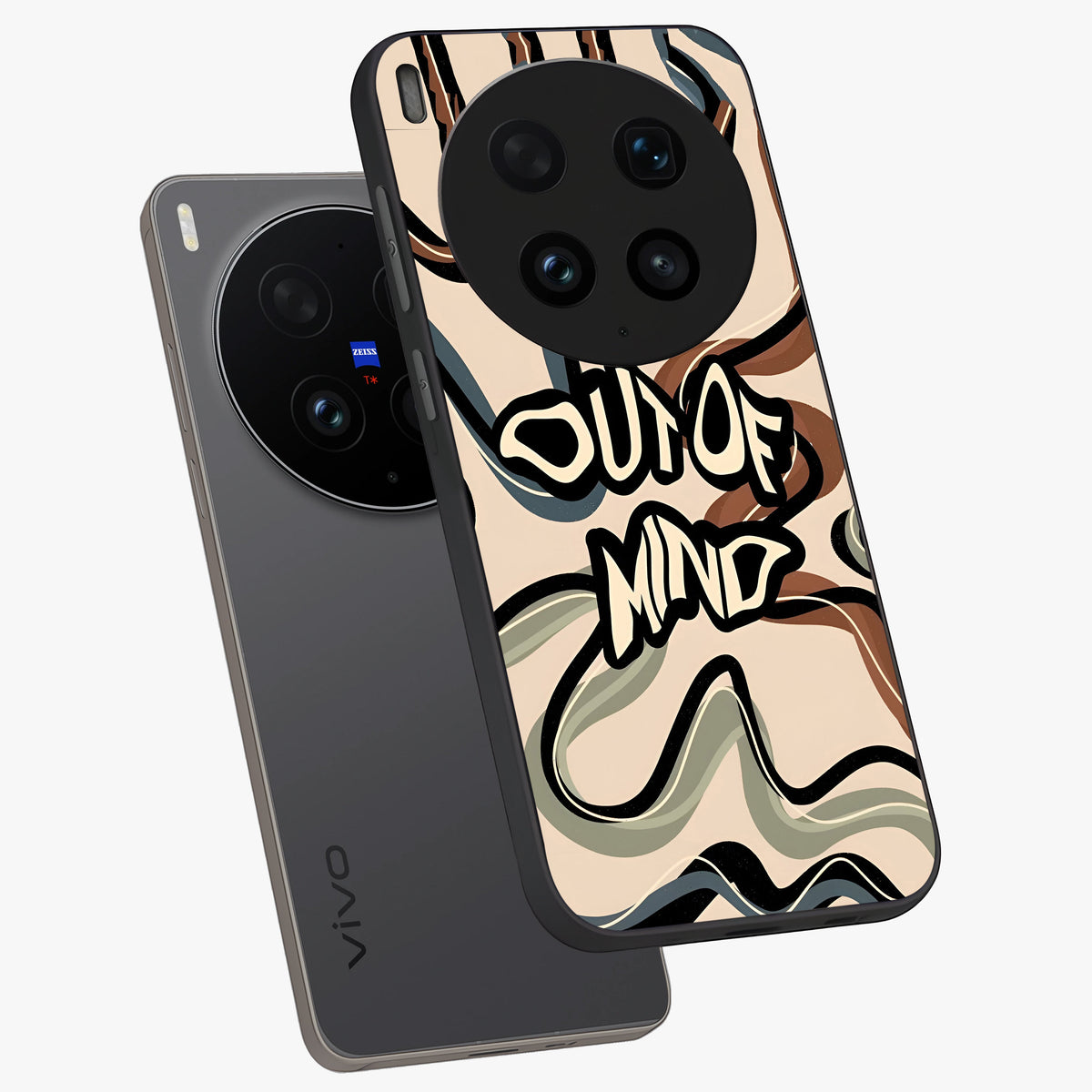 Out Of Mind Glass Case displayed in angled mockup highlighting bold statement design with modern artistic aesthetic.