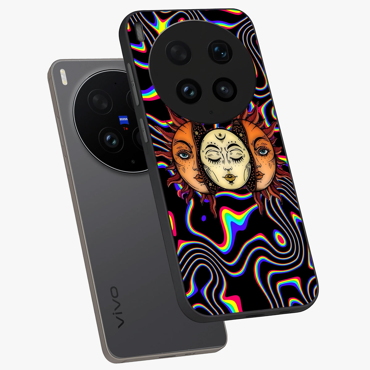 Psychedelic Sun Glass Case displayed in angled mockup highlighting vibrant abstract sun design with artistic aesthetic style.
