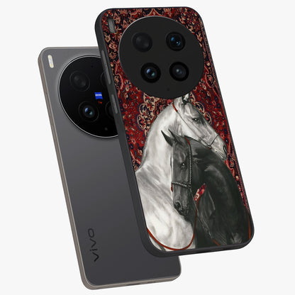 Regal Stallion Tapestry Glass Case displayed in angled mockup highlighting royal stallion design with decorative heritage aesthetic.