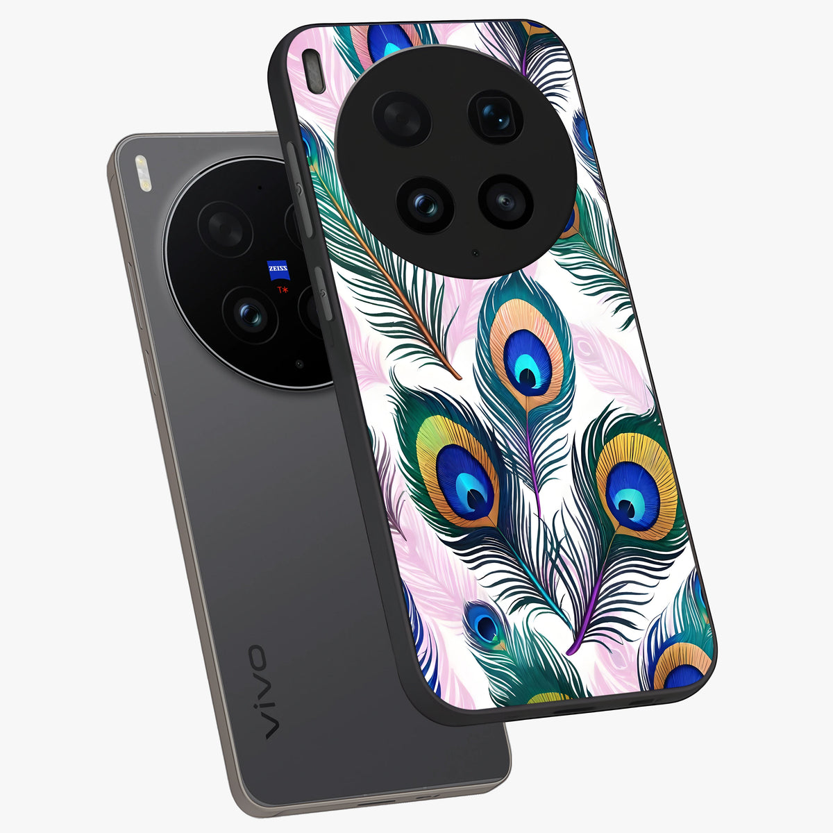 Royal Peacock Feathers Glass Case displayed in angled mockup highlighting vibrant feather pattern with regal aesthetic style.