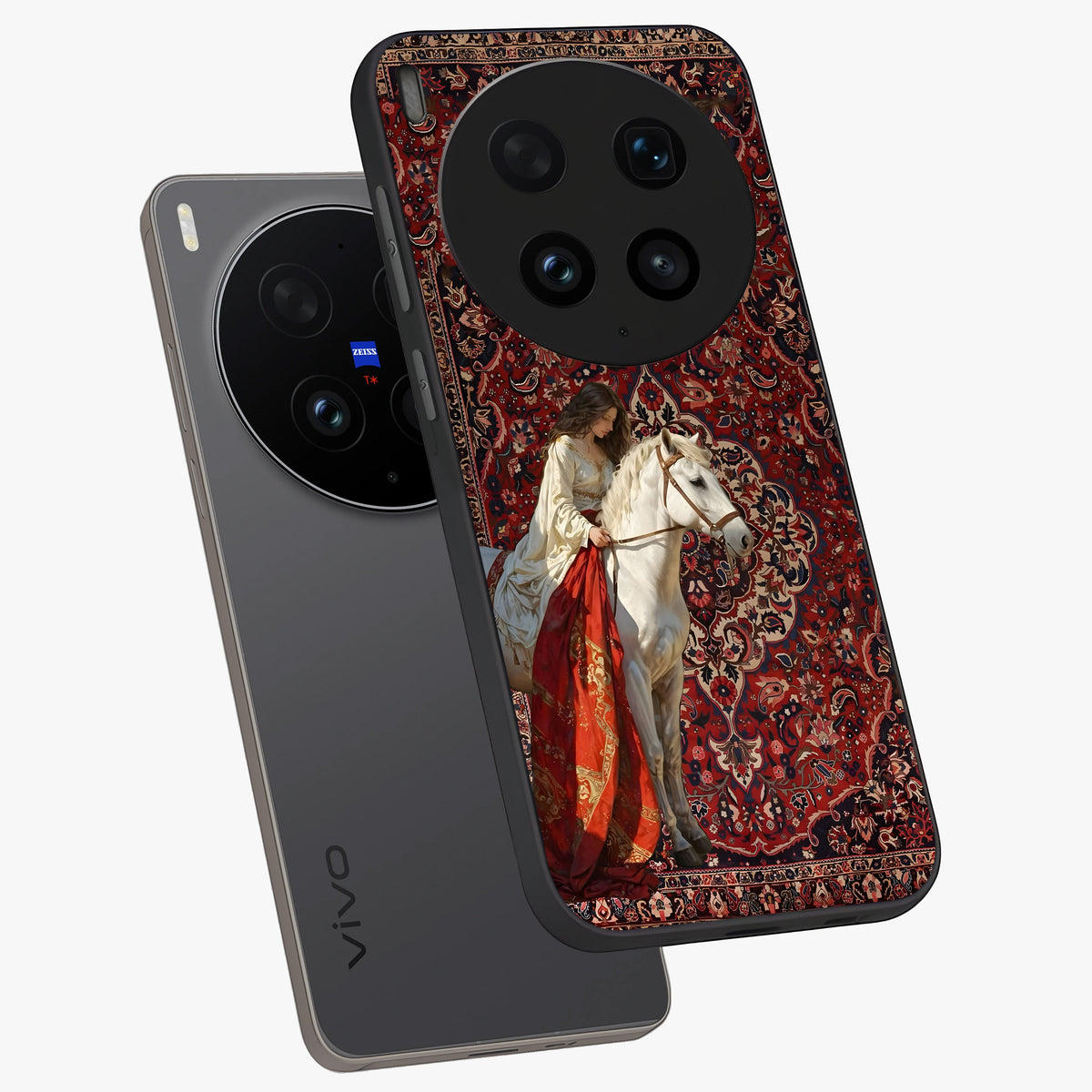 Royal Rider Tapestry Glass Case displayed in angled mockup highlighting traditional tapestry design with royal heritage aesthetic.