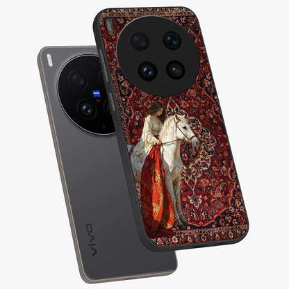 Royal Rider Tapestry Glass Case displayed in angled mockup highlighting traditional tapestry design with royal heritage aesthetic.